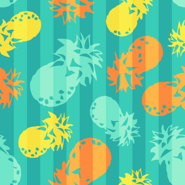 retro ruhiger sommerhintergrund. mehrfarbige ananas im flachen stil auf farblich gestreiftem hintergrund. grafische vektorillustration im eps-format für app-, website-, präsentations- und printdesign. - pineapple plantation stock-grafiken, -clipart, -cartoons und -symbole