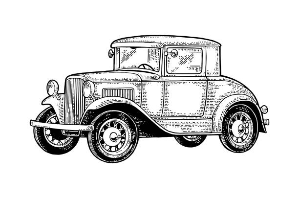 Retro car coupe. Side view. Vintage black engraving Retro car coupe. Side view. Vintage black engraving illustration for poster, web. Isolated on white background. car drawings stock illustrations