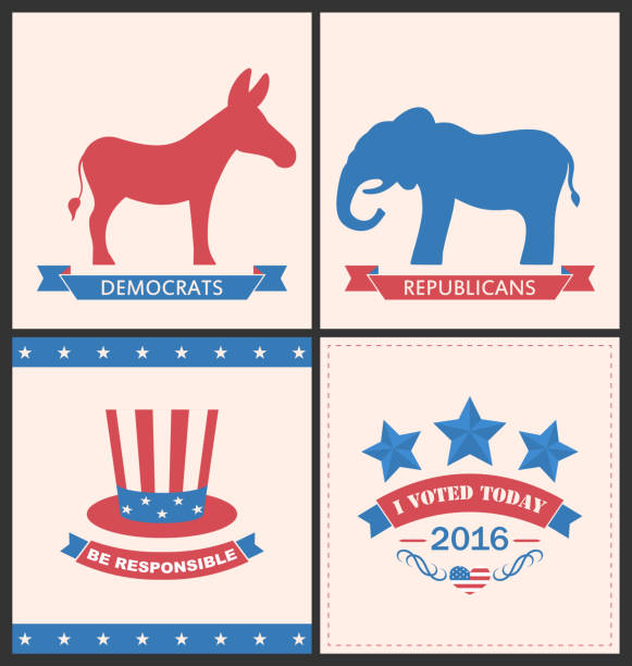 Retro Cards for Advertise of United States Political Parties Illustration Retro Cards for Advertise of United States Political Parties. Vintage Flyers with Donkey and Elephant. Vote 2016 - Vector voting borders stock illustrations