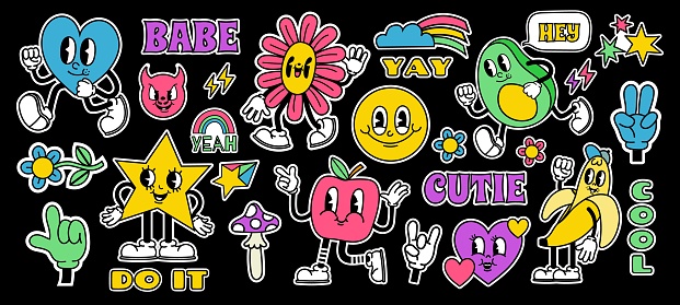 Retro cartoon stickers with funny comic characters and gloved hands. Contemporary abstract shape, banana, star and mushroom badge vector set. Happy avocado, heart and apple with legs in boots
