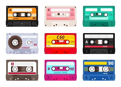 Retro cassettes. Vintage 1980s music tape, dj rave party mix, realistic stereo record set. Vector old school music cassette