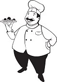 Black and white vector illustration of a chef in retro style.