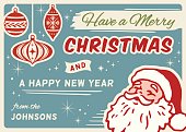 Retro styled Christmas card with Santa illustration, ornaments and copy space. Illustrator file with live text paths is included and only free fonts are used.