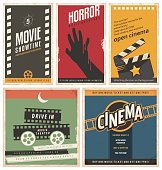 Retro cinema posters and flyers collection. Vintage movie signs layouts. Promotional film printing templates for ads or banners on old paper texture.