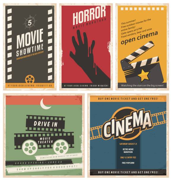 Retro cinema posters and flyers collection Retro cinema posters and flyers collection. Vintage movie signs layouts. Promotional film printing templates for ads or banners on old paper texture. movie theater stock illustrations
