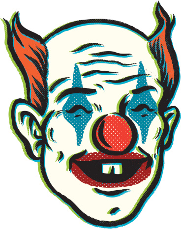 this is a clown with a rubber nose. hes drawn in a retro vintage style to give an old poster look. 