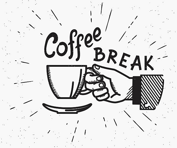 Retro coffee break crafted illustration Retro coffee break crafted illustration with handwritten script and vintage stylized human hand holds a cup of hot coffee coffee break stock illustrations