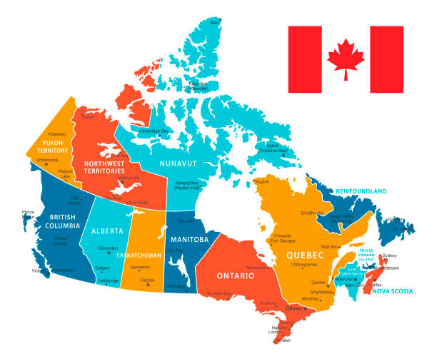 Retro Color Map of Canada. Vector Illustration Vector Map of Canada with borders, cities and national flag. All elements are separated in editable layers canada illustrations stock illustrations