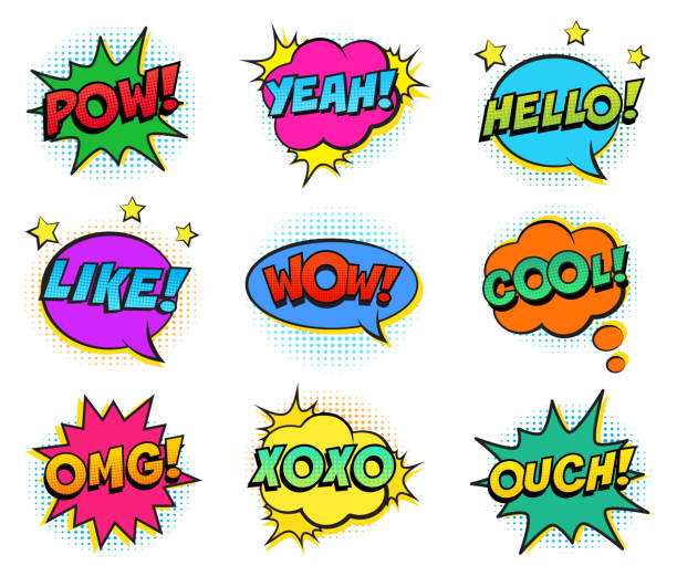 Retro colorful comic speech bubbles set on white background. Expression text POW, YEAH, WOW, HELLO, YEAH, OMG, LIKE, COOL, OUCH. Vector illustration, pop art style. pain borders stock illustrations