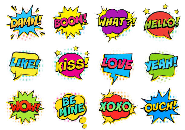 Retro colorful comic speech bubbles set with halftone shadows on white background. Expression text HELLO, YEAH, LOVE, LIKE, WOW, OUCH, DAMN, BOOM, XOXO, WHAT etc. Vector illustration, pop art style. pain borders stock illustrations