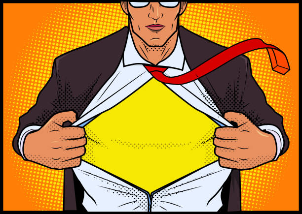 Retro Comic Book Style Superhero Opening Shirt A comic book style vector illustration of a man opening his shirt revealing a superhero costume inside. businessman patterns stock illustrations