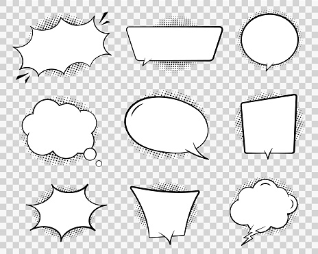 Retro comic speech bubble. Chat cloud for text on transparent background. Vintage empty speech bubble with dots. Cartoon think balloon of message. Comic dialog sketch illustration. Design vector