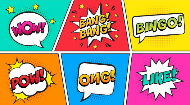 Retro comic speech bubbles set on colorful background. Expression text OUCH, BINGO, POW, OMG, LIKE, WOW. Vector illustration, vintage design, pop art style. pain borders stock illustrations