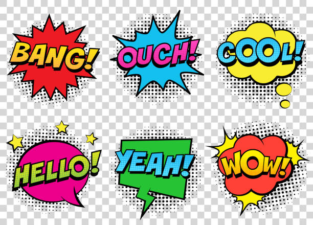 ретро комические пузыри речи, установленные на прозрачном фоне. выражение текста bang, cool, ouch, hello, yeah, wow. - комикс stock illustrations