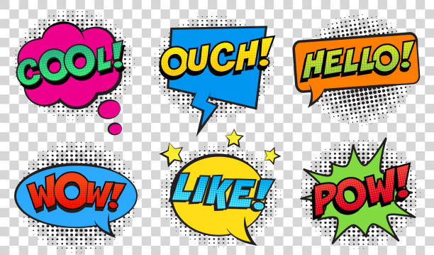 Retro comic speech bubbles set on transparent background. Expression text POW, COOL, OUCH, HELLO, LIKE, WOW. Vector illustration, vintage design, pop art style. pain borders stock illustrations