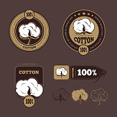 Retro cotton vector icons, labels. Production guarantee cotton, label cotton, badge or logo cotton illustration