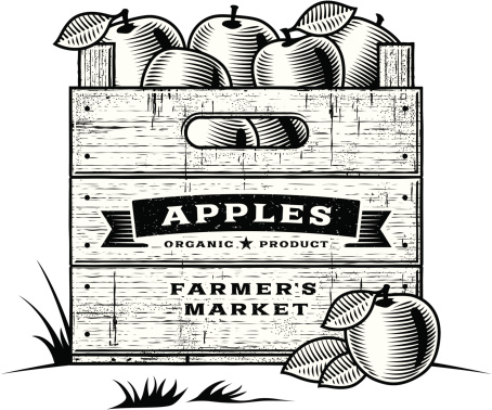 Retro wooden crate of apples in woodcut style. Black and white editable vector illustration with clipping mask. Includes high resolution JPG.