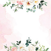 Retro delicate wedding card with pink watercolor texture and flowers. White peony, pink ranunculus, dusty rose, eucalyptus, greenery. Floral vector design frame. Elements are isolated and editable