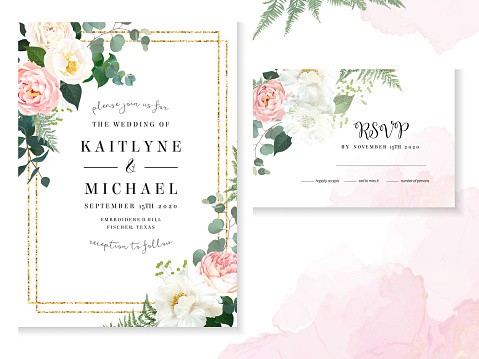 Retro delicate wedding cards with pink watercolor texture and flowers