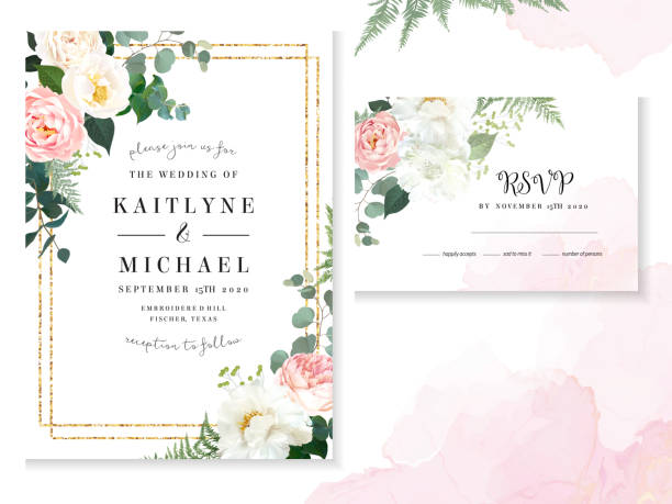 Retro delicate wedding cards with pink watercolor texture and flowers Retro delicate wedding cards with pink watercolor texture and flowers. White peony, pink ranunculus, dusty rose, eucalyptus, greenery. Floral vector design frame. Elements are isolated and editable wedding borders stock illustrations
