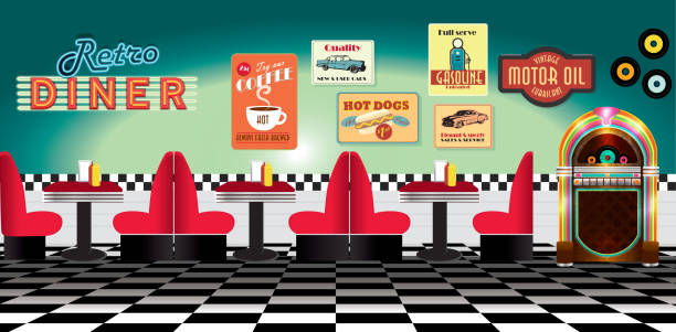 Retro diner restaurant panorama with booths signs and jukebox Retro diner restaurant panorama with seating booths signs and jukebox diner stock illustrations