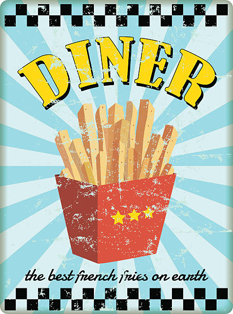 ilustrações, clipart, desenhos animados e ícones de retrô diner placa, com batatas fritas - lanchonete