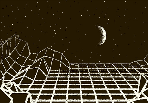 Retro dotwork landscape with 80s styled laser grid, planet, sun and stars background from old sci-fi book or poster