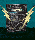 Retro vector drawing of a large guitar amplifier with two lightning bolts on a textured grunge background. Lightning bolts symbolize loud rock music. Perfect for rock concert poster with copy space available at bottom. Download includes png file.