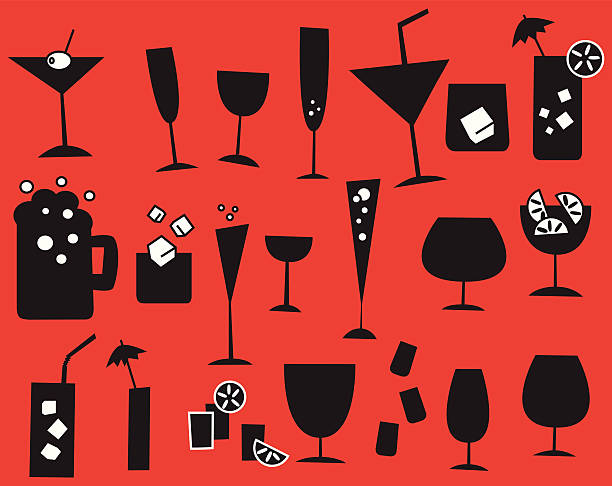 Retro drink alcohol cocktail glasses silhouette illustration THIS IS A SPLITTED PART OF SET OF GLASSES PLEASE CHECK MY PORTFOLIO FOR THE SAME KIND GLASSES or different glass sets: cocktail backgrounds stock illustrations