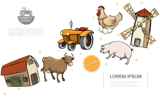 Retro farm colorful template with cow pig chicken barn mill and...