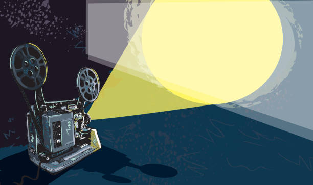 Retro film projector and light Vector illustration of retro 16mm projector with light projecting on blank film screen. This is a fully editable vector eps version 10 file format, which contains transparencies. Elements on separate layers. Download includes Illustrator 10 eps, jpg and png file. film texture stock illustrations