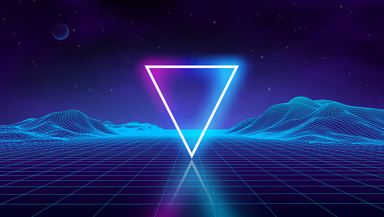 Retro futuristic background for game. Music 3d dance galaxy poster. 80s background disco. Neon triangle synthwave digital wireframe landscape with palms. Space vector