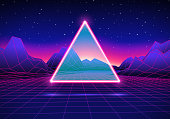 Retro styled futuristic landscape with triangle and shiny grid