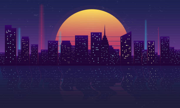 Retro futuristic night city concept. Cityscape isolated on a dark background with reflection in water, retro sun and vintage grunge textures. Vaporwave, Cyberpunk background. Vector illustration Vector Illustration vaporwave stock illustrations