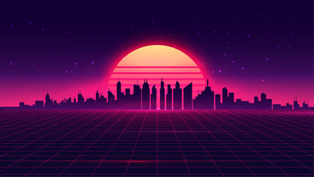 Retro futuristic synthwave retrowave styled night cityscape with sunset on background. Cover or banner template for retro wave music. Vector illustration. Retro futuristic synthwave retrowave styled night cityscape with sunset on background. Cover or banner template for retro wave music. Vector eps 10 illustration. cyberpunk stock illustrations