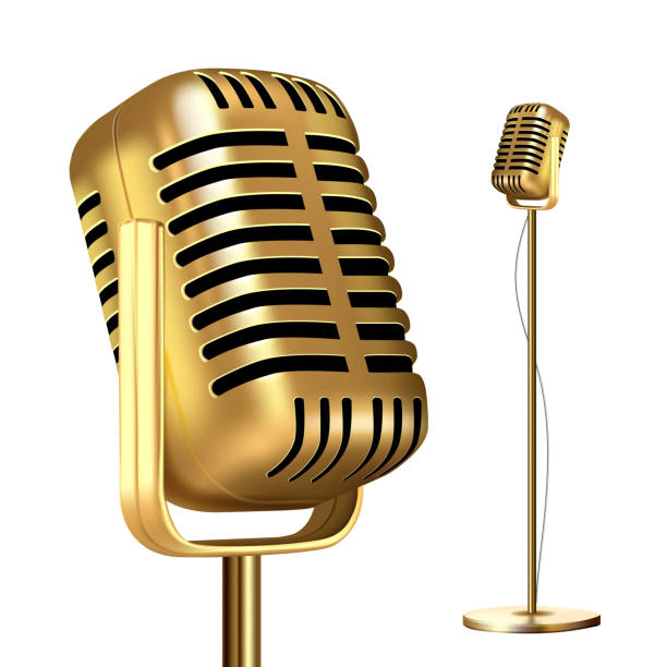 ilustrações de stock, clip art, desenhos animados e ícones de retro golden microphone with stand vector. record stage. live concert. on air. illustration - ficar de pé