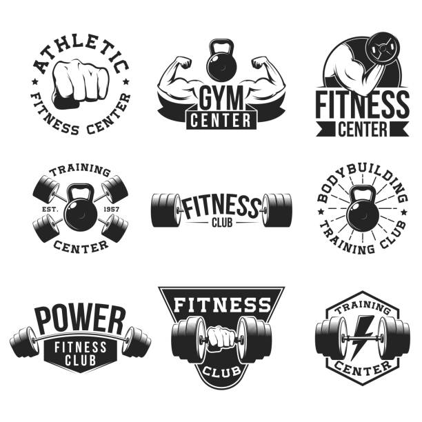 ilustrações de stock, clip art, desenhos animados e ícones de retro gym flat emblem set - elemento ginásio
