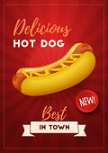 Colorful fast food  background. Retro Hot Dog poster. Vector Illustration