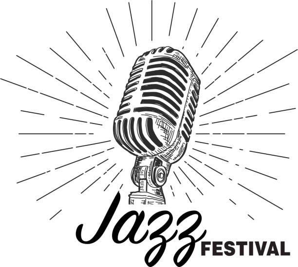 retro jazz festival design vorlage mit vintage-mikrofon - mikrofon stock-grafiken, -clipart, -cartoons und -symbole