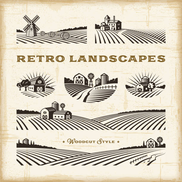 Retro landscapes set A set of retro landscapes in woodcut style. Editable EPS10 vector illustration with clipping mask and transparency. farm stock illustrations