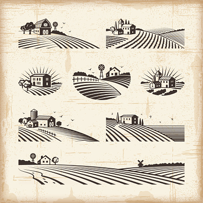A set of retro landscapes in woodcut style. Editable EPS10 vector illustration with clipping mask. Includes high resolution JPG.