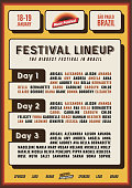 Retro Lineup Flyer or Poster Template for Music Festival or Nightclub Party Event Promo Banner in Vintage Yellow and Orange Colors