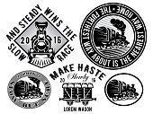 set of vector templates with retro locomotive, wagon, vintage train, logotype, illustration to topic railroad