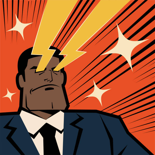 Unique Characters Full Length Vector art illustration.
Retro macho african ethnicity businessman shooting laser beams from his eyes.