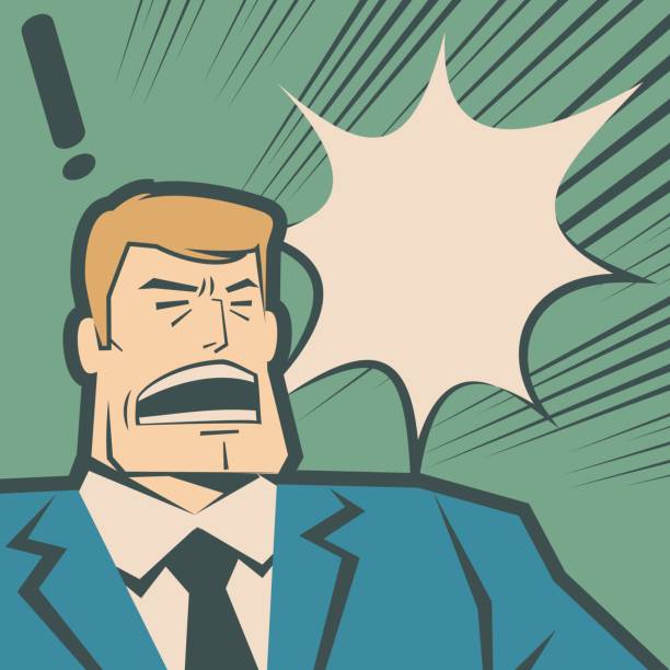 Retro macho businessman (man, police force) screaming and shouting vector art illustration