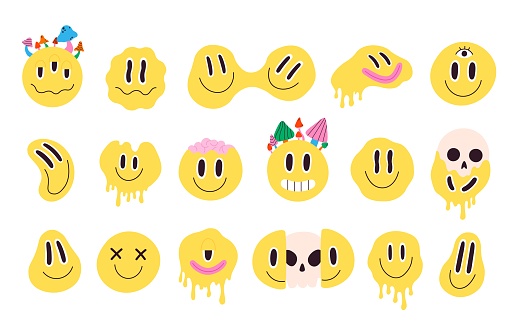 Retro melting crazy and dripping smiley face with mushrooms. Distorted graffiti emoji with skull. Hippie groovy smile character vector set