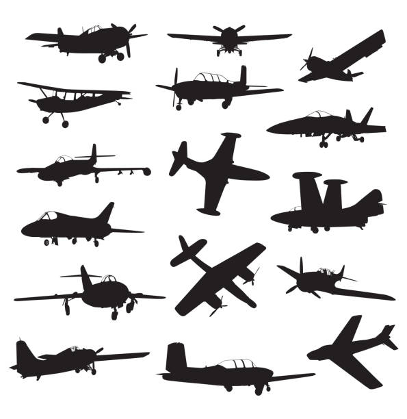 ilustraciones, imágenes clip art, dibujos animados e iconos de stock de siluetas de aviones militares retro - private plane