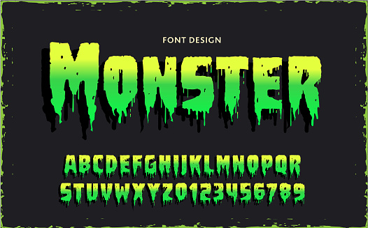 Vector illustration of a slimy monster movie font alphabet design. Green slime Dripping font design. Font Design includes capital letters and numbers alphabet set with textured background. Includes fully editable vector art to customize your own text. Individually grouped for easy editing and customization. White background. Download features vector EPS and high resolution jpg download.