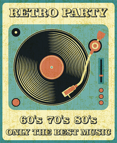 Retro Music and Vintage Vinyl Record Poster in Retro Desigh Style. Disco Party 60s, 70s, 80s.