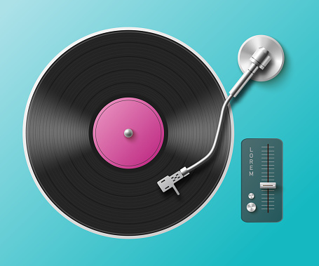 Retro music turntable for audio vinyl records a vector realistic 3d illustration